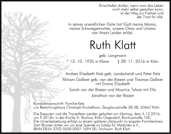 Anzeige von Ruth Klatt von Kölner Stadt-Anzeiger / Kölnische Rundschau / Express
