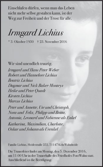 Anzeige von Irmgard Lichius von  Kölner Wochenspiegel 
