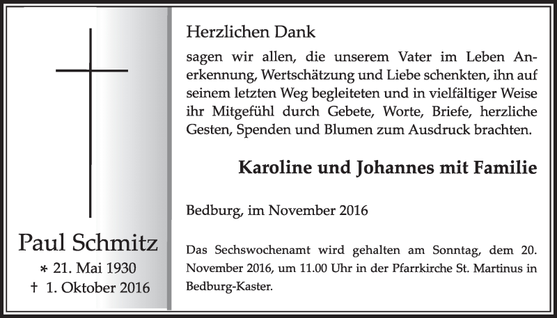  Traueranzeige für Paul Schmitz vom 12.11.2016 aus  Sonntags-Post 