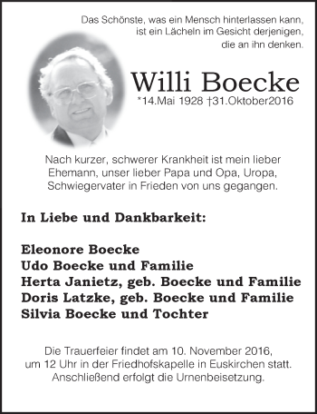 Anzeige von Willi Boecke von  Blickpunkt Euskirchen 