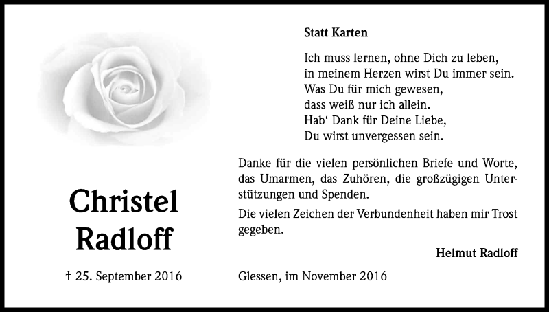  Traueranzeige für Christel Radloff vom 05.11.2016 aus Kölner Stadt-Anzeiger / Kölnische Rundschau / Express