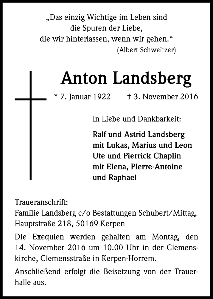  Traueranzeige für Anton Landsberg vom 08.11.2016 aus Kölner Stadt-Anzeiger / Kölnische Rundschau / Express