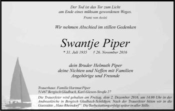 Anzeige von Swantje Piper von Kölner Stadt-Anzeiger / Kölnische Rundschau / Express