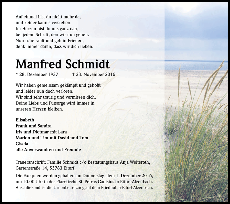  Traueranzeige für Manfred Schmidt vom 26.11.2016 aus Kölner Stadt-Anzeiger / Kölnische Rundschau / Express
