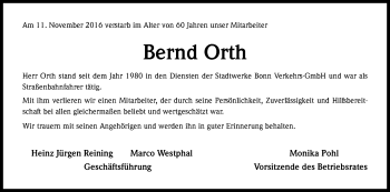 Anzeige von Bernd Orth von Kölner Stadt-Anzeiger / Kölnische Rundschau / Express