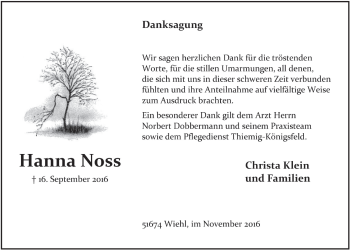 Anzeige von Hanna Noss von  Anzeigen Echo 