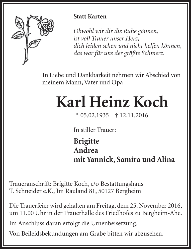  Traueranzeige für Karl Heinz Koch vom 19.11.2016 aus  Sonntags-Post 