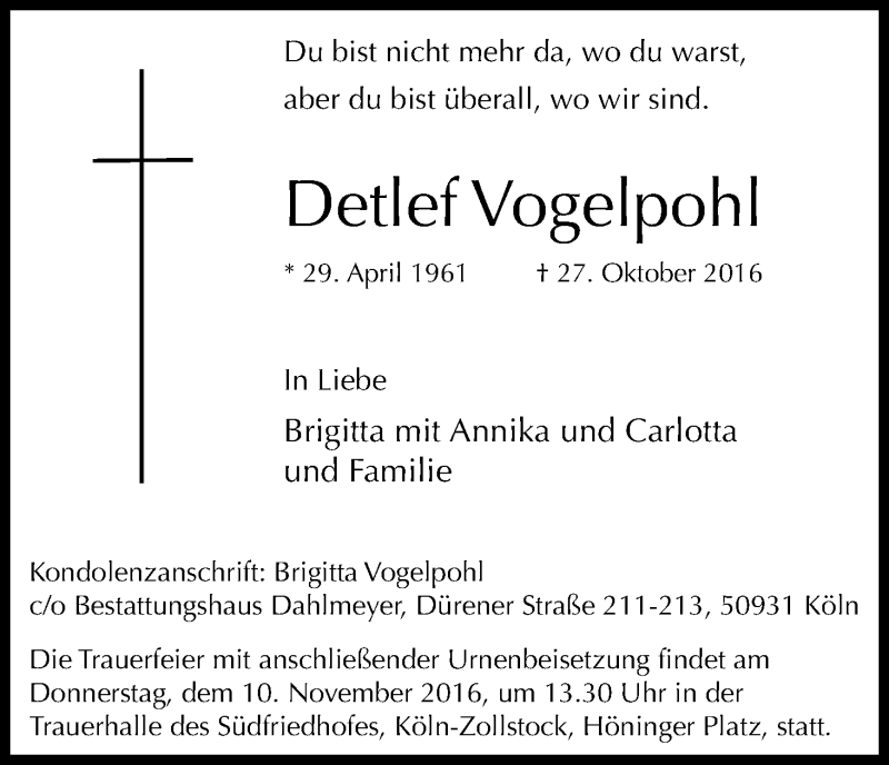  Traueranzeige für Detlef Vogelpohl vom 05.11.2016 aus Kölner Stadt-Anzeiger / Kölnische Rundschau / Express