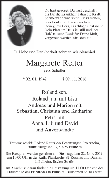 Anzeige von Margarete Reiter von  Wochenende 