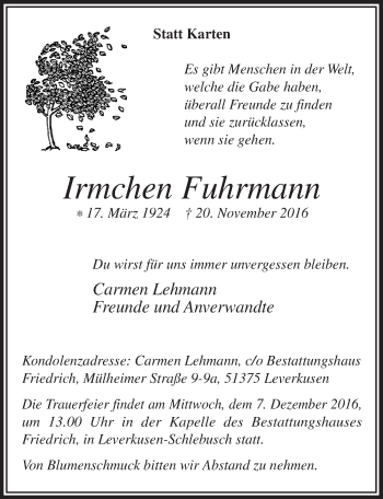 Anzeige von Irmchen Fuhrmann von  Lokale Informationen 