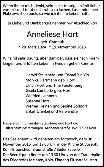 Anzeige von Anneliese Hort von Kölner Stadt-Anzeiger / Kölnische Rundschau / Express