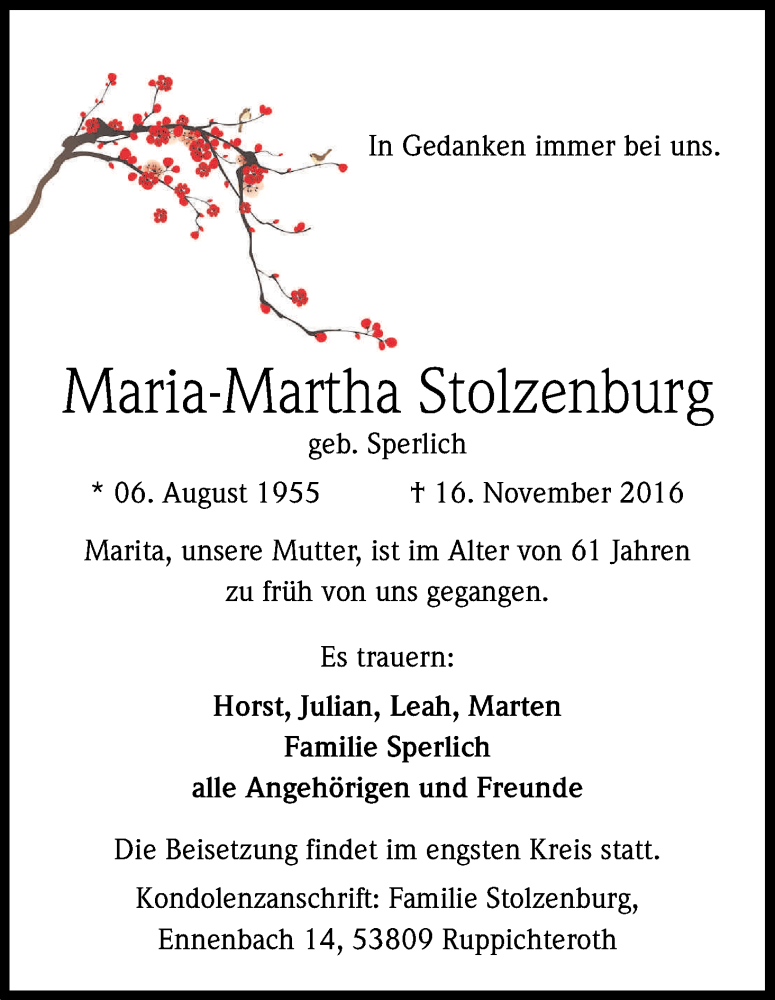  Traueranzeige für Maria-Martha Stolzenburg vom 26.11.2016 aus Kölner Stadt-Anzeiger / Kölnische Rundschau / Express