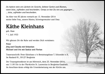 Anzeige von Käthe Kleinhans von Kölner Stadt-Anzeiger / Kölnische Rundschau / Express