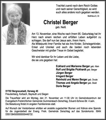 Anzeige von Christel Berger von Kölner Stadt-Anzeiger / Kölnische Rundschau / Express