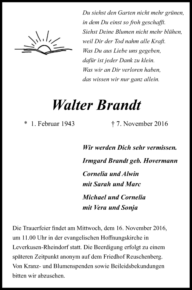  Traueranzeige für Walter Brandt vom 12.11.2016 aus Kölner Stadt-Anzeiger / Kölnische Rundschau / Express