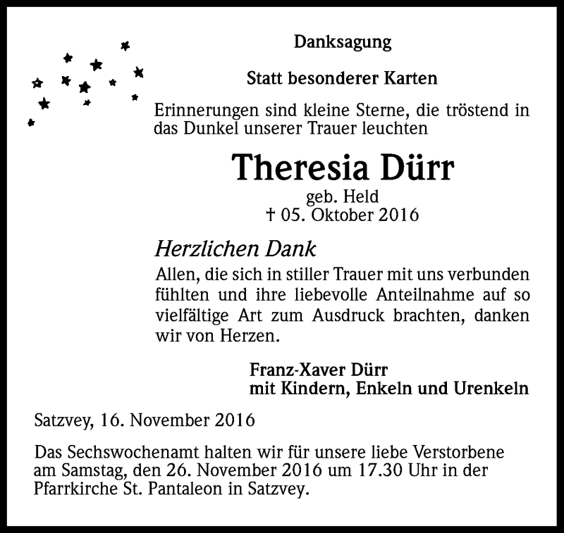  Traueranzeige für Theresia Dürr vom 16.11.2016 aus Kölner Stadt-Anzeiger / Kölnische Rundschau / Express