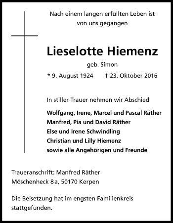 Anzeige von Lieselotte Hiemenz von Kölner Stadt-Anzeiger / Kölnische Rundschau / Express