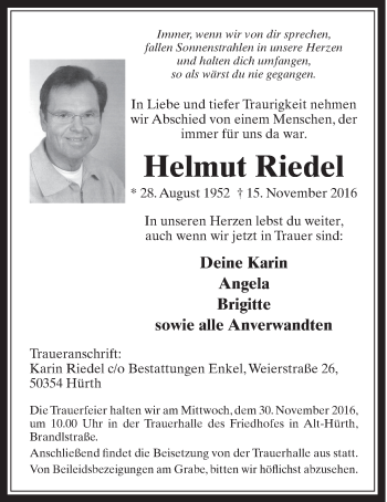 Anzeige von Helmut Riedel von  Wochenende  Schlossbote/Werbekurier 