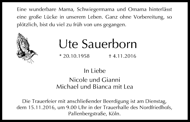  Traueranzeige für Ute Sauerborn vom 12.11.2016 aus Kölner Stadt-Anzeiger / Kölnische Rundschau / Express