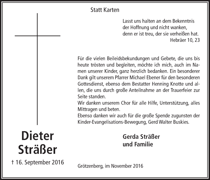  Traueranzeige für Dieter Sträßer vom 16.11.2016 aus  Anzeigen Echo  Lokalanzeiger 