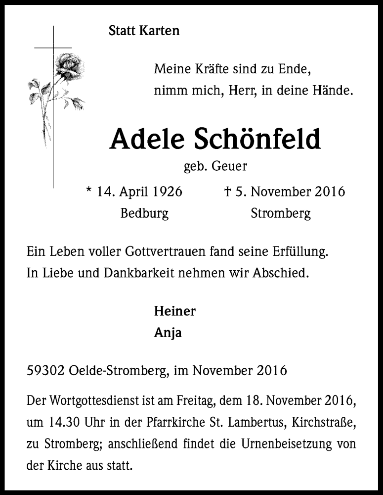  Traueranzeige für Adele Schönfeld vom 12.11.2016 aus Kölner Stadt-Anzeiger / Kölnische Rundschau / Express