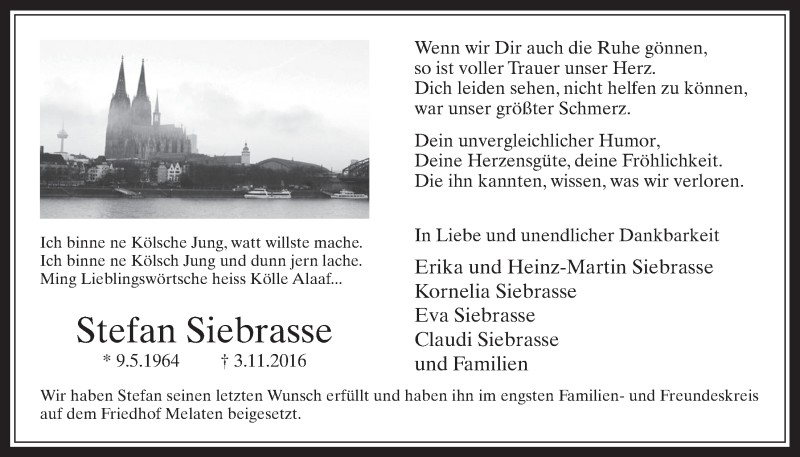  Traueranzeige für Stefan Siebrasse vom 16.11.2016 aus  Werbepost 