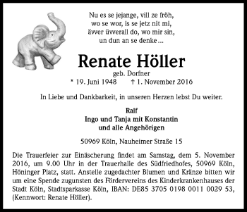 Anzeige von Renate Höller von Kölner Stadt-Anzeiger / Kölnische Rundschau / Express