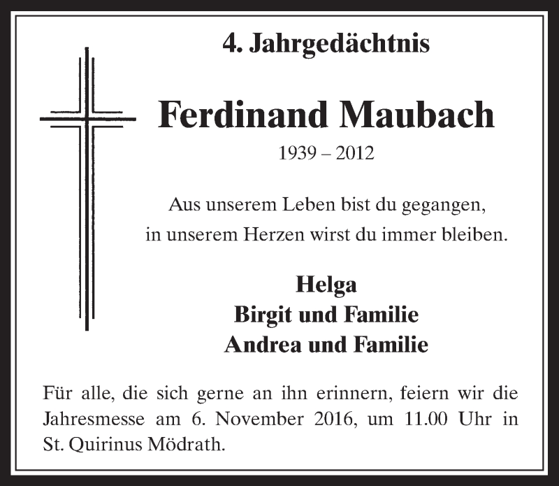  Traueranzeige für Ferdinand Maubach vom 02.11.2016 aus  Werbepost 