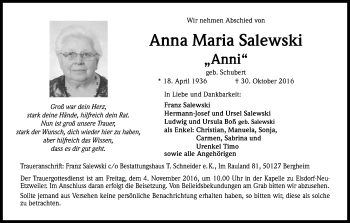 Anzeige von Anna Maria Salewski von Kölner Stadt-Anzeiger / Kölnische Rundschau / Express