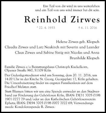 Anzeige von Reinhold Zirwes von Kölner Stadt-Anzeiger / Kölnische Rundschau / Express