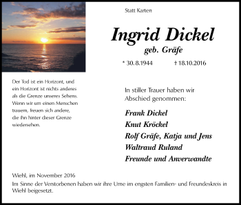 Anzeige von Ingrid Dickel von Kölner Stadt-Anzeiger / Kölnische Rundschau / Express