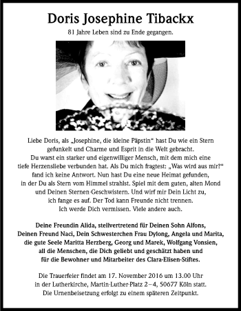 Anzeige von Doris Josephine Tibackx von Kölner Stadt-Anzeiger / Kölnische Rundschau / Express
