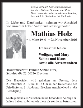 Anzeige von Mathias Holz von  Wochenende 