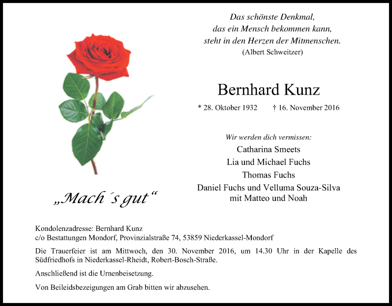  Traueranzeige für Bernhard Kunz vom 26.11.2016 aus Kölner Stadt-Anzeiger / Kölnische Rundschau / Express