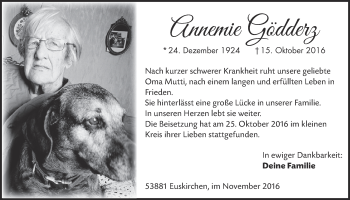 Anzeige von Annemie Gödderz von  Blickpunkt Euskirchen 