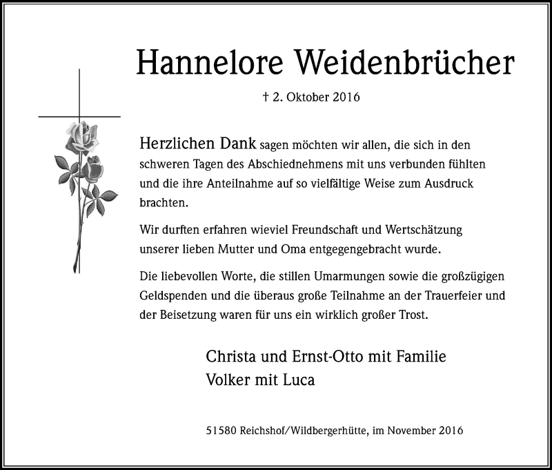  Traueranzeige für Hannelore Weidenbrücher vom 12.11.2016 aus Kölner Stadt-Anzeiger / Kölnische Rundschau / Express