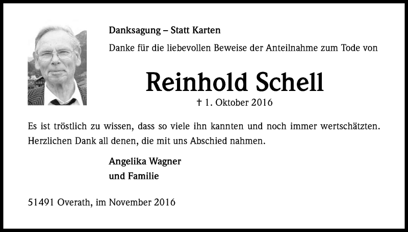  Traueranzeige für Reinhold Schell vom 05.11.2016 aus Kölner Stadt-Anzeiger / Kölnische Rundschau / Express