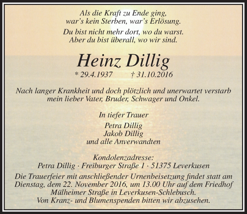  Traueranzeige für Heinz Dillig vom 16.11.2016 aus  Lokale Informationen 