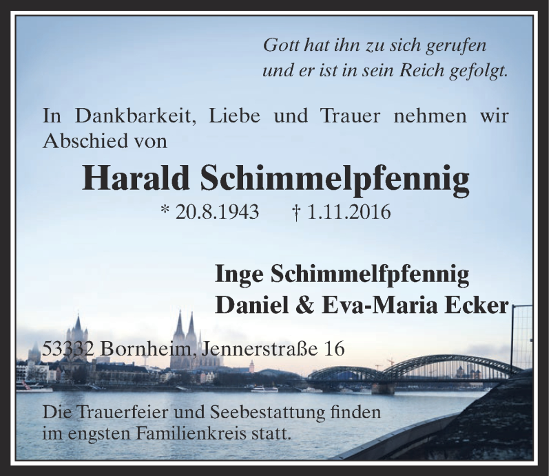  Traueranzeige für Harald Schimmelpfennig vom 09.11.2016 aus  Schaufenster/Blickpunkt 