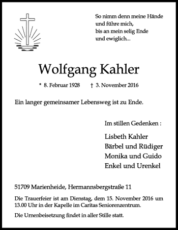 Anzeige von Wolfgang Kahler von Kölner Stadt-Anzeiger / Kölnische Rundschau / Express