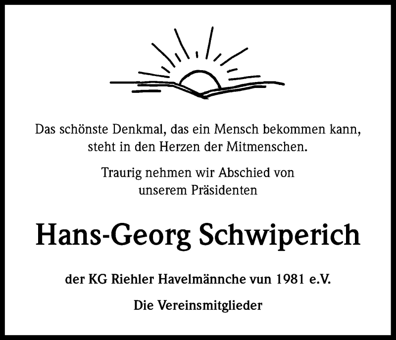 Traueranzeige für Hans-Georg Schwiperich vom 05.11.2016 aus Kölner Stadt-Anzeiger / Kölnische Rundschau / Express