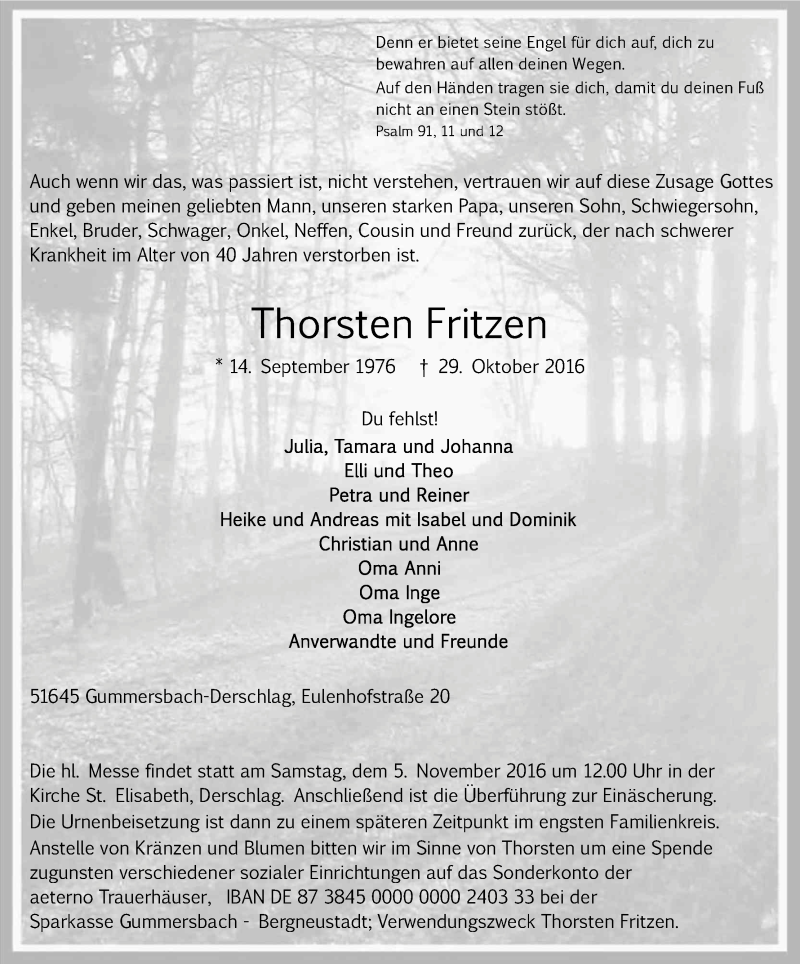  Traueranzeige für Thorsten Fritzen vom 03.11.2016 aus Kölner Stadt-Anzeiger / Kölnische Rundschau / Express