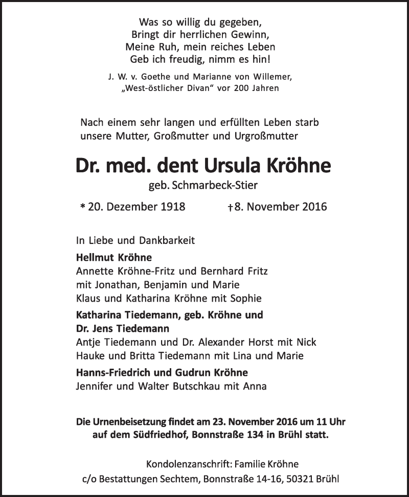  Traueranzeige für Ursula Kröhne vom 16.11.2016 aus  Schlossbote/Werbekurier 