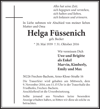 Anzeige von Helga Füssenich von  Sonntags-Post 