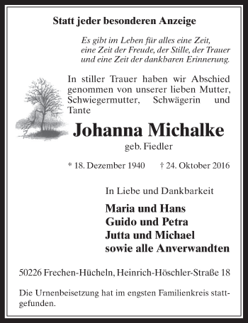 Anzeige von Johanna Michalke von  Wochenende 