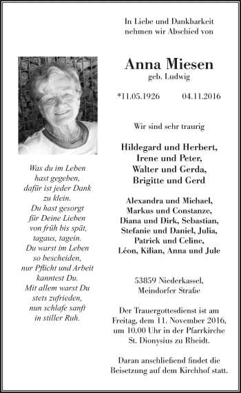 Anzeige von Anna Miesen von  Extra Blatt 