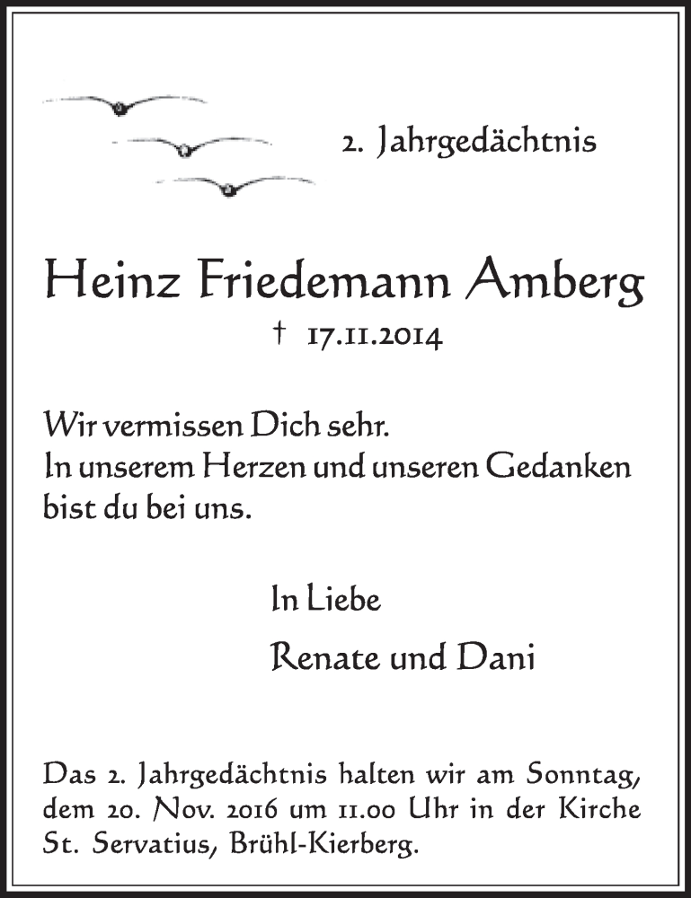  Traueranzeige für Heinz Friedemann Amberg vom 16.11.2016 aus  Schlossbote/Werbekurier 
