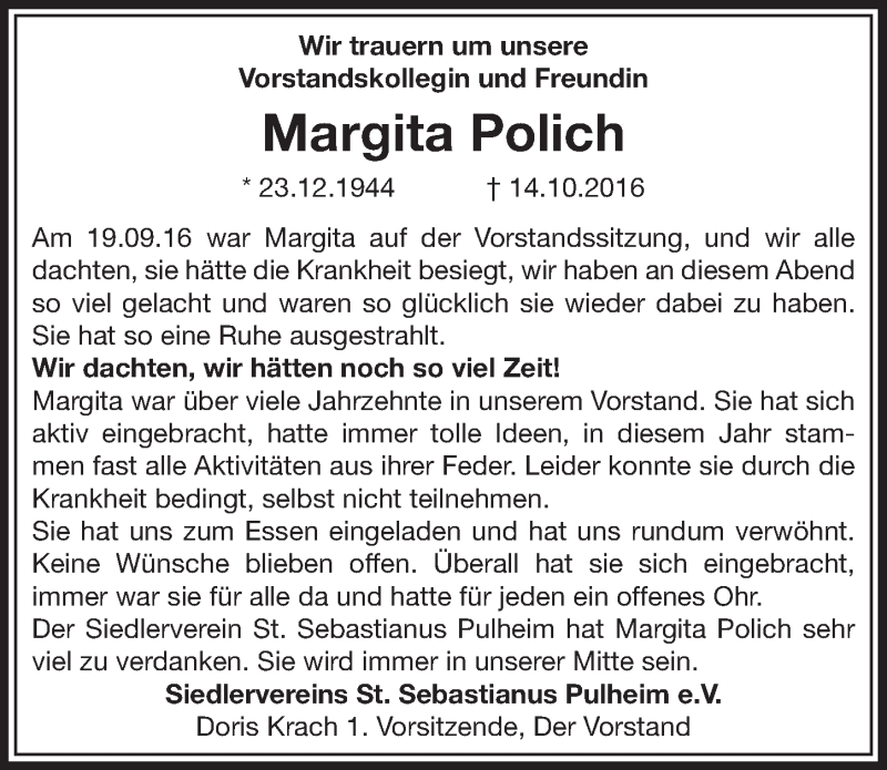  Traueranzeige für Margita Polich vom 05.11.2016 aus  Sonntags-Post 