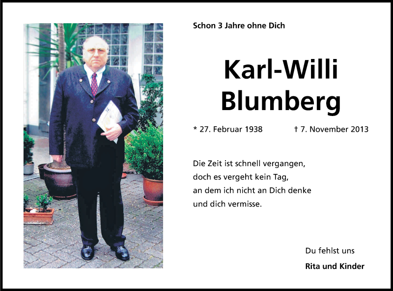 Traueranzeige für Karl-Willi Blumberg vom 07.11.2016 aus Kölner Stadt-Anzeiger / Kölnische Rundschau / Express