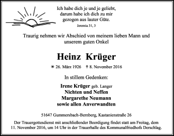 Anzeige von Heinz Krüger von Kölner Stadt-Anzeiger / Kölnische Rundschau / Express